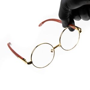 Gold Frame Round Clear Lens Woodgrain Glasses